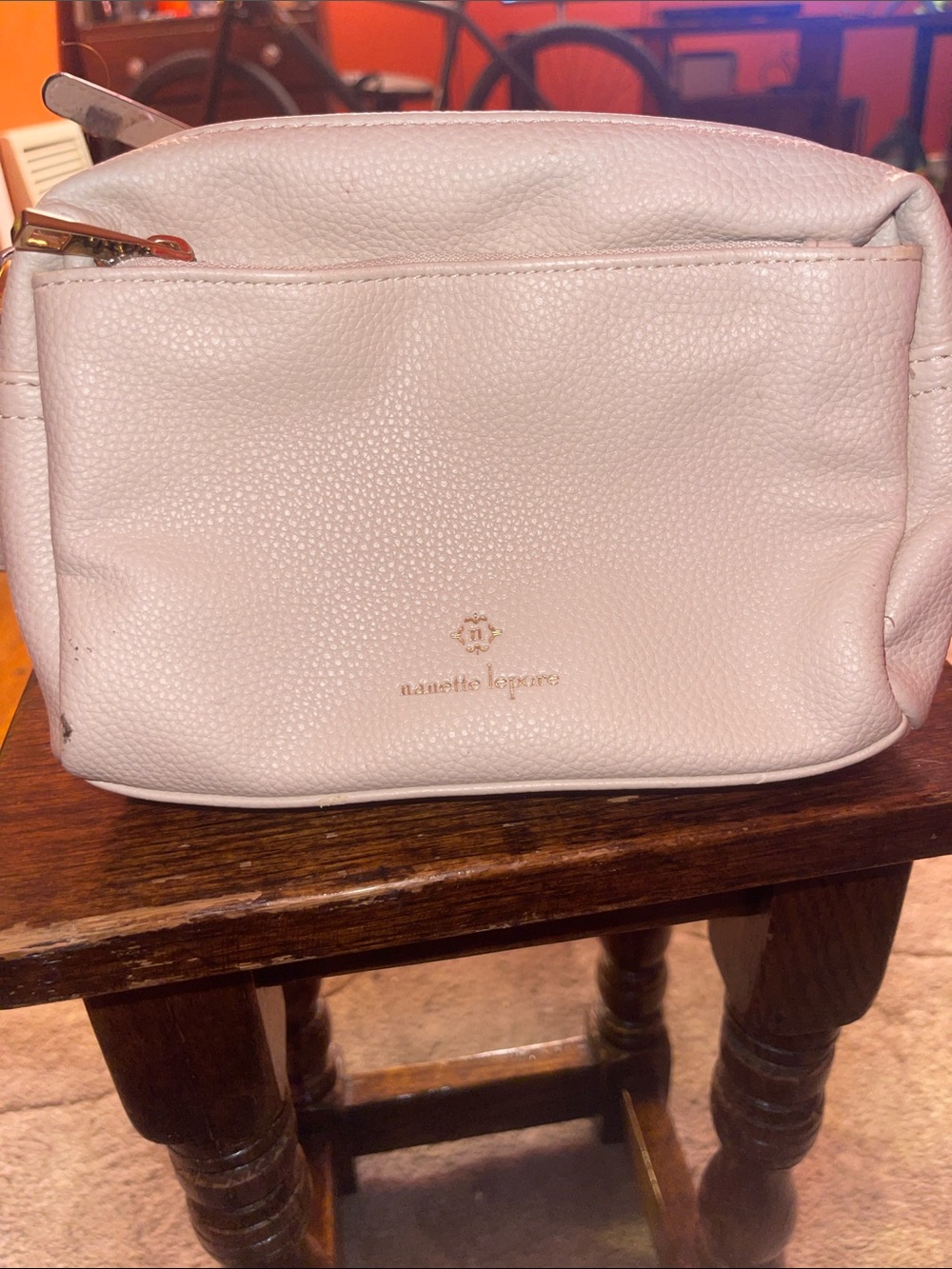 Nanette Lepore Light Cream Pebbled Leather Cosmetic Pouch with Gold Hardware